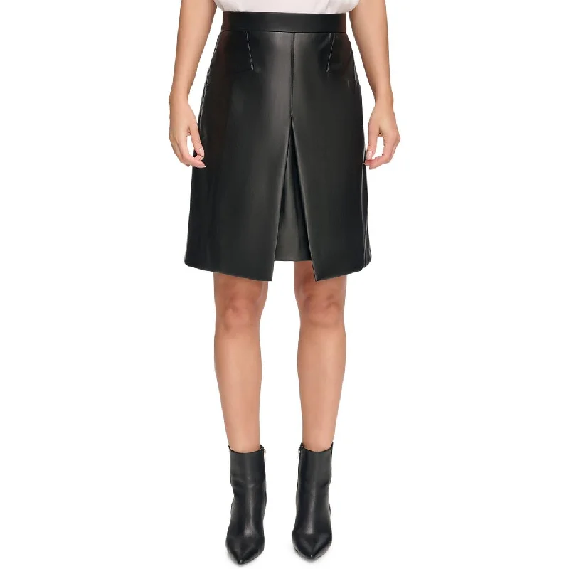 DKNY Womens Faux Leather Office A-Line Skirt