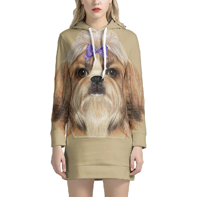 Shih Tzu Portrait Print Pullover Hoodie Dress