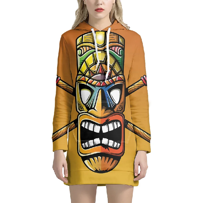 Tiki Totem Print Pullover Hoodie Dress