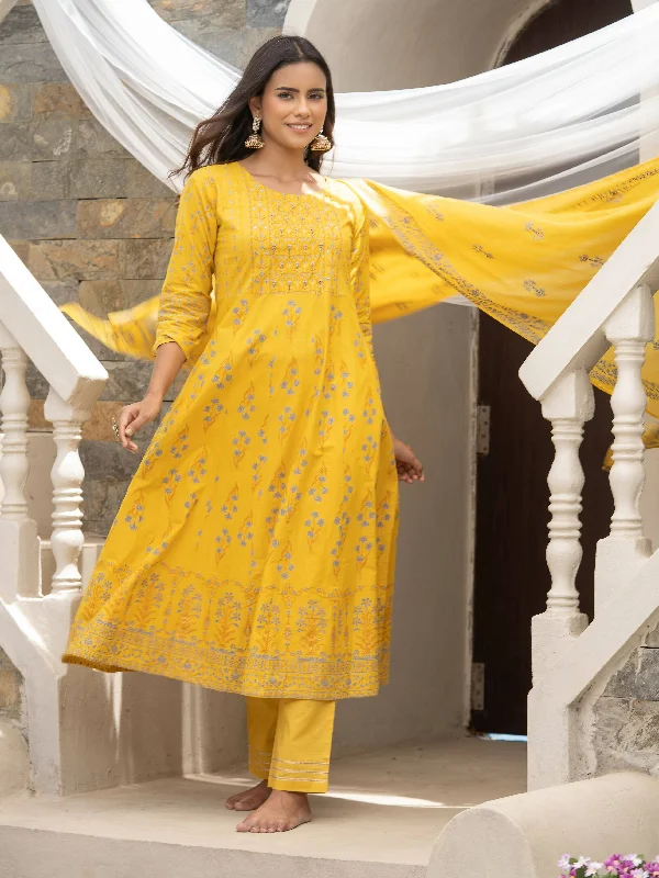 Mustard Cotton Cambric Printed with Sequins work Anarkali Kurta with Pant & Dupatta - Akashara