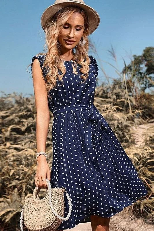 POLKA DOT LACE UP PLEATED DRESS