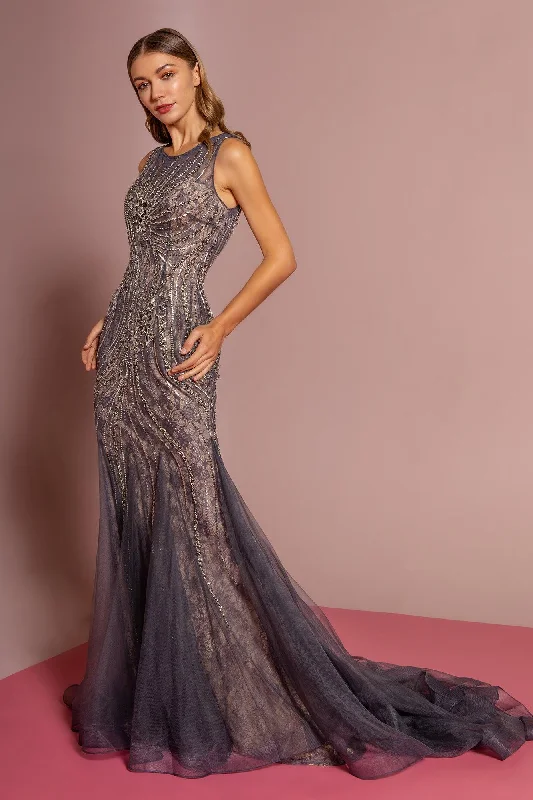 Jewel Embellished Lace Long Prom Dress With Tail