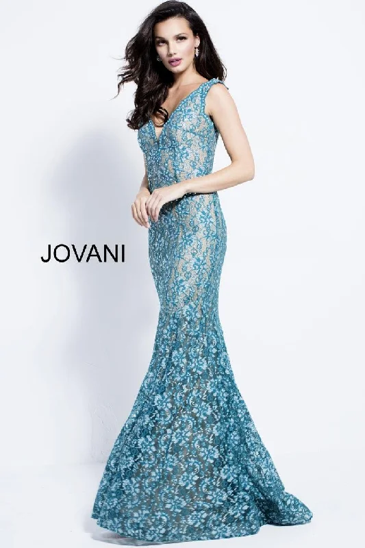 Jovani 57046 V-Neck Lace Mermaid Long Prom Dress