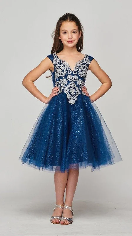 Short Metallic Lace Applique Flower Girl Dress