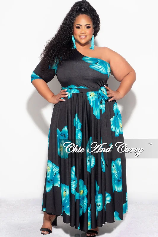 Final Sale Plus Size One Shoulder Dress in Black and Turquoise Floral Print